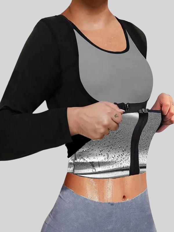 Women's Zipper Front Open Bust Sauna Shapewear Top, Long Sleeve Tummy Control Shaper, Shapewear Clothing for Daily Wear, Fall Wear, Fallfreshness, Shapewear Tummy Control Top